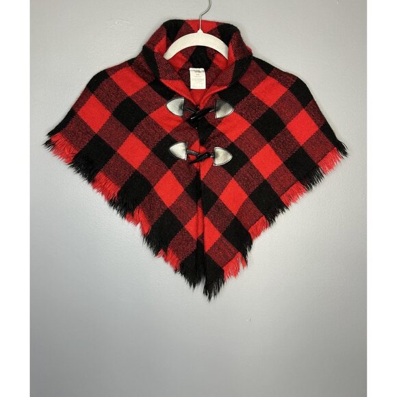Buffalo Plaid Shawl Poncho Girls 4T Red Black Toggle Cape Christmas Cute Photo - Picture 1 of 9